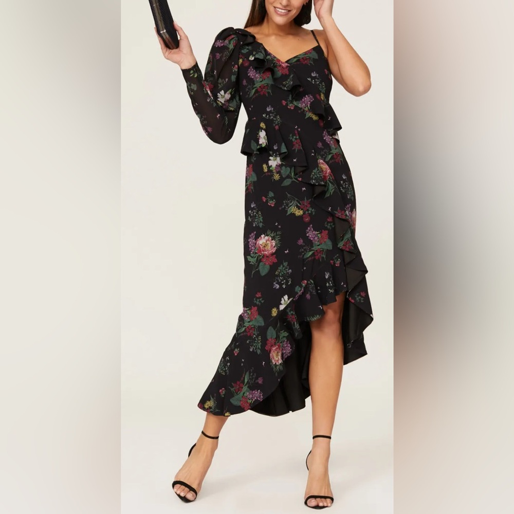 AMUR Pasqualena One Shoulder Floral Ruffle Hi-Lo Maxi Dress -‎ 0